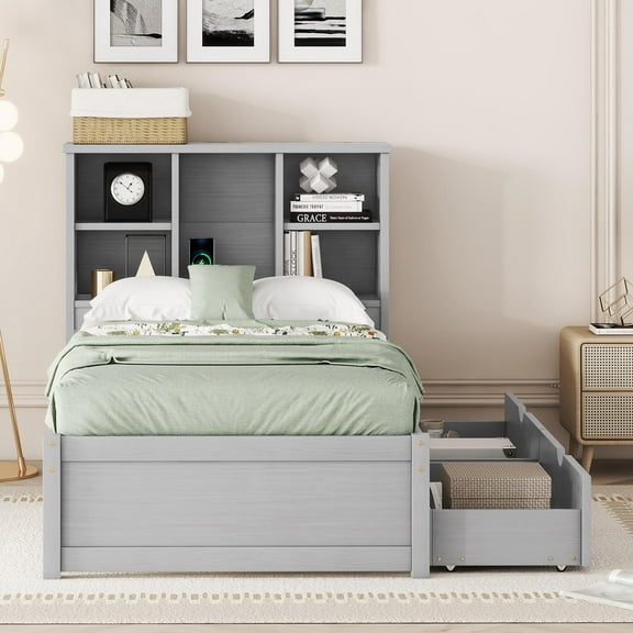 Twin Storage Bed with Bookcase Headboard, Twin Size Captain Bed Frame, with 2 Drawers and Charging Station, Twin Bed Frame with Storage, No Box Spring Needed, Easy Assembly, Gray