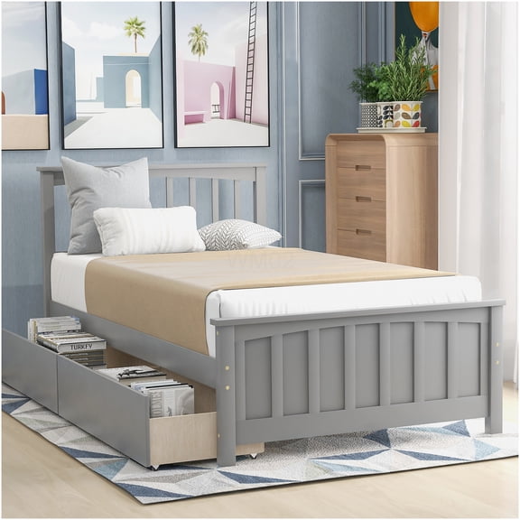 Twin Storage Bed Frame with 2 Drawers, Solid Wood Platform Bed, No Box Spring Needed, Modern Gray Bedroom Furniture