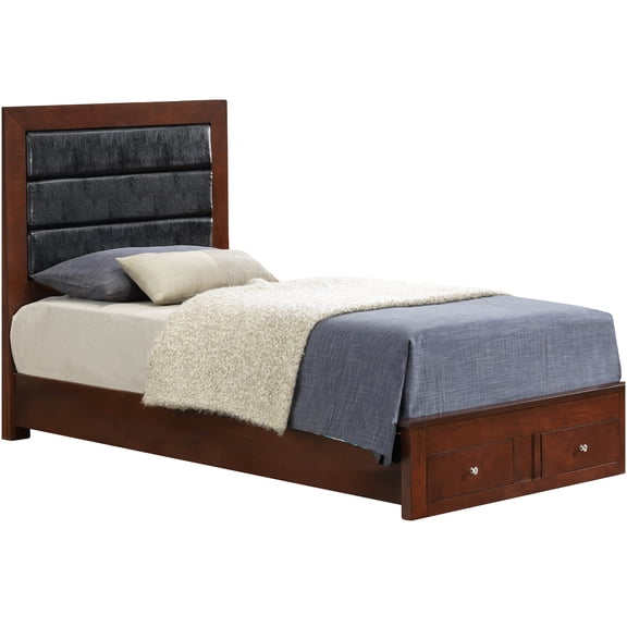 Twin Storage Bed Frame with Drawers, Cherry Finish Platform Bed for Space Saving