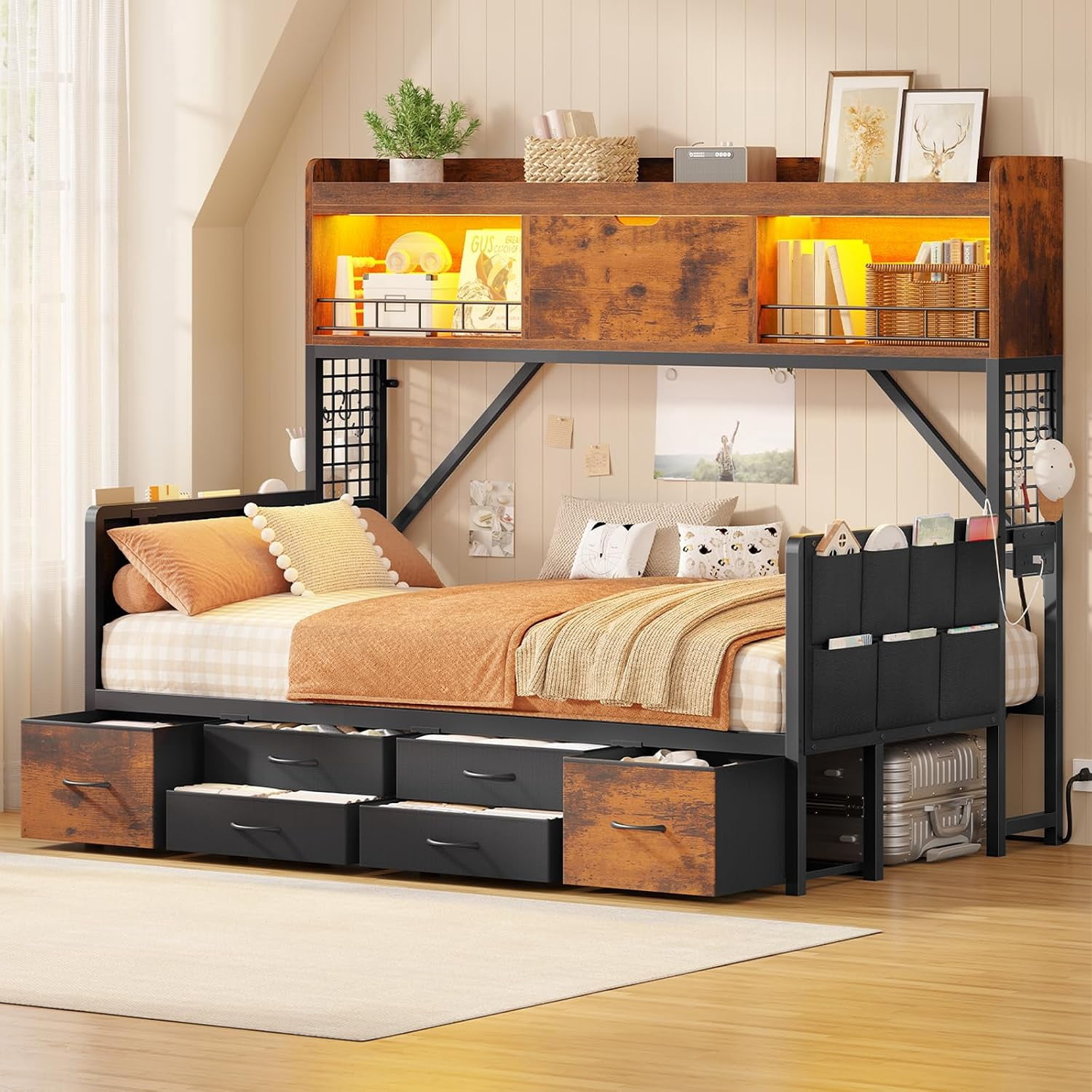 Twin Storage Daybed with High Bookcase & 6 Drawers, Corner Bed Frame ...