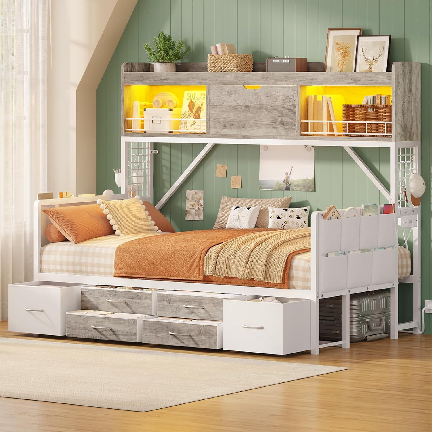Twin Storage Daybed with High Bookcase & 6 Drawers, Corner Bed Frame ...