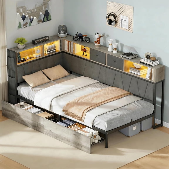 Twin Storage Platform Bed with Reversible LED Headboard & Underbed Drawer, Reversible LED headboard, padded backrest, charging ports, rolling underbed drawer, metal slats, no box spring needed, grey