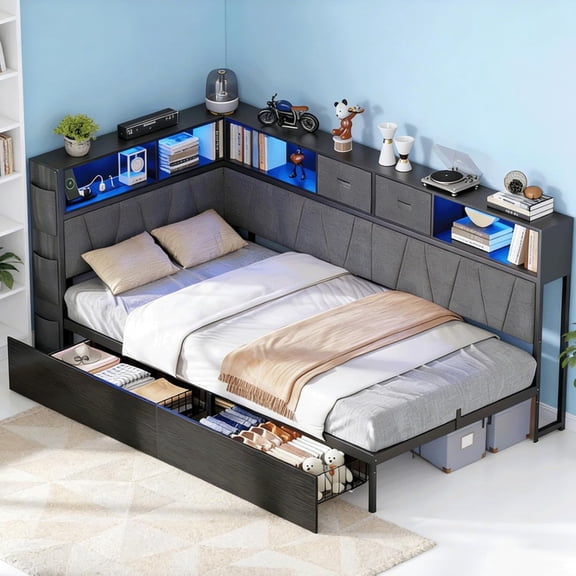 Twin Storage Platform Bed with Reversible LED Headboard & Underbed Drawer, Reversible LED headboard, padded backrest, charging ports, rolling underbed drawer, metal slats, no box spring needed, black