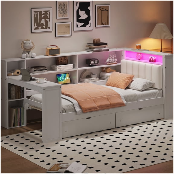 Twin Storage Platform Bed with Charging Station, LED Headboard and Desk, White Beige