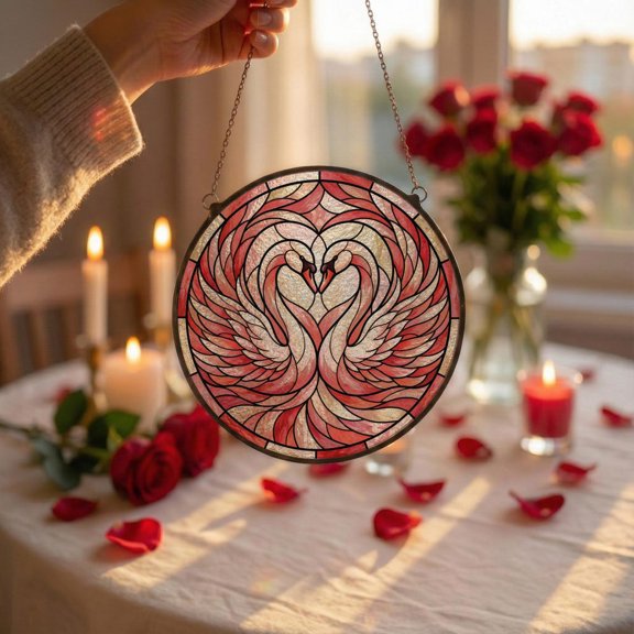 Twin Swans Heart Glass Suncatcher, Romantic Indoor Decor, 3.5 in