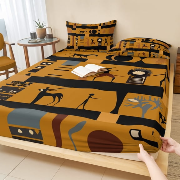 Twin Sze Fitted Sheet Set - African Ethnic 2 Piece Bedding Sets 16" Deep Pocket Fitted Sheet with 1 Pillowcase, Vintage Ethnic Tribes Richness Brown Brushed Microfiber Hotel Luxury Bed Sheets