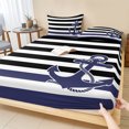 thumbnail image 1 of Twin Sze Fitted Sheet Set - Anchor Black 2 Piece Bedding Sets 16" Deep Pocket Fitted Sheet with 1 Pillowcase, Modern Navy Blue White Striped Nautical Brushed Microfiber Hotel Luxury Bed Sheets, 1 of 9