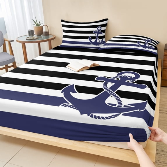 Twin Sze Fitted Sheet Set - Anchor Black 2 Piece Bedding Sets 16" Deep Pocket Fitted Sheet with 1 Pillowcase, Modern Navy Blue White Striped Nautical Brushed Microfiber Hotel Luxury Bed Sheets