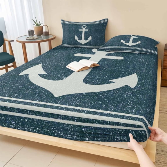 Twin Sze Fitted Sheet Set - Anchor Nautical 2 Piece Bedding Sets 16" Deep Pocket Fitted Sheet with 1 Pillowcase, Vintage Coastal Striped Teal Blue Brushed Microfiber Hotel Luxury Bed Sheets