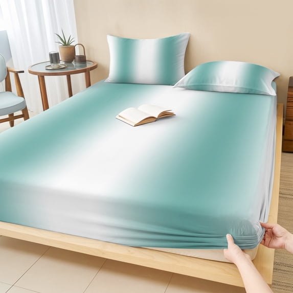 Twin Sze Fitted Sheet Set - Aqua Teal White Ombre 2 Piece Bedding Sets 16" Deep Pocket Fitted Sheet with 1 Pillowcase, Modern Abstract Art Farmhouse Gradient Brushed Microfiber Hotel Bed Sheets