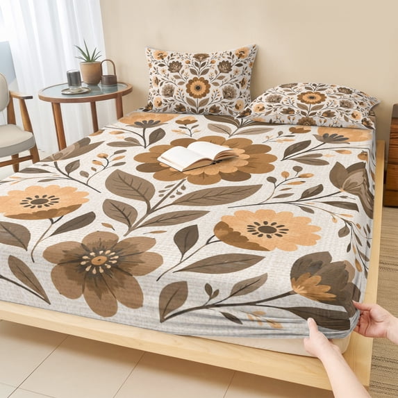 Twin Sze Fitted Sheet Set - Beige Brown Floral Boho 2 Piece Bedding Sets 16" Deep Pocket Fitted Sheet with 1 Pillowcase, Summer Spring Flowers Botanical Brushed Microfiber Hotel Luxury Bed Sheets