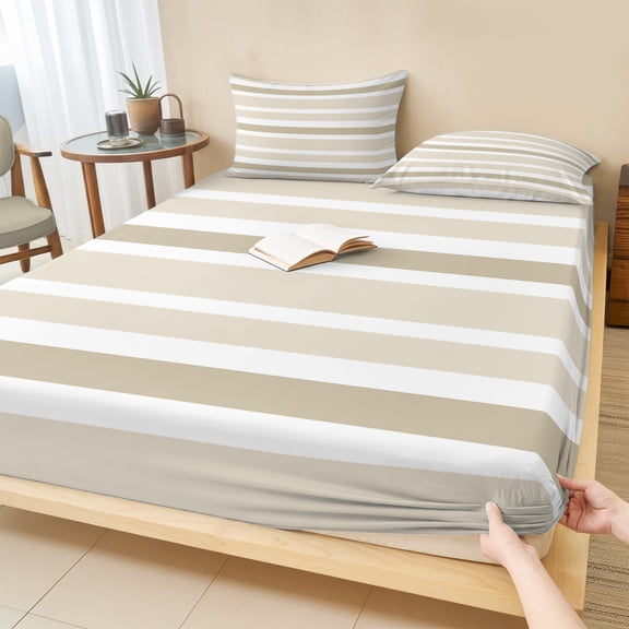 Twin Sze Fitted Sheet Set - Beige Brown Striped 2 Piece Bedding Sets 16" Deep Pocket Fitted Sheet with 1 Pillowcase, Modern White Abstract Art Aesthetics Brushed Microfiber Hotel Luxury Bed Sheets