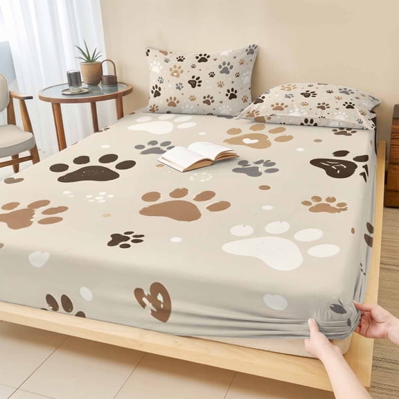 Twin Sze Fitted Sheet Set - Beige White Dog Paws 2 Piece Bedding Sets 16" Deep Pocket Fitted Sheet with 1 Pillowcase, Cute Puppy Paw Prints Brushed Microfiber Hotel Luxury Bed Sheets