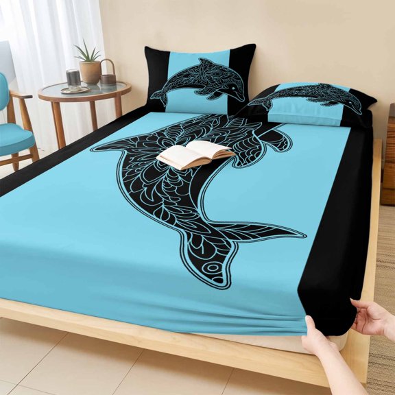 Twin Sze Fitted Sheet Set - Black Blue Dolphin 2 Piece Bedding Sets 16" Deep Pocket Fitted Sheet with 1 Pillowcase, Summer Beach Coastal Modern Art Brushed Microfiber Hotel Luxury Bed Sheets