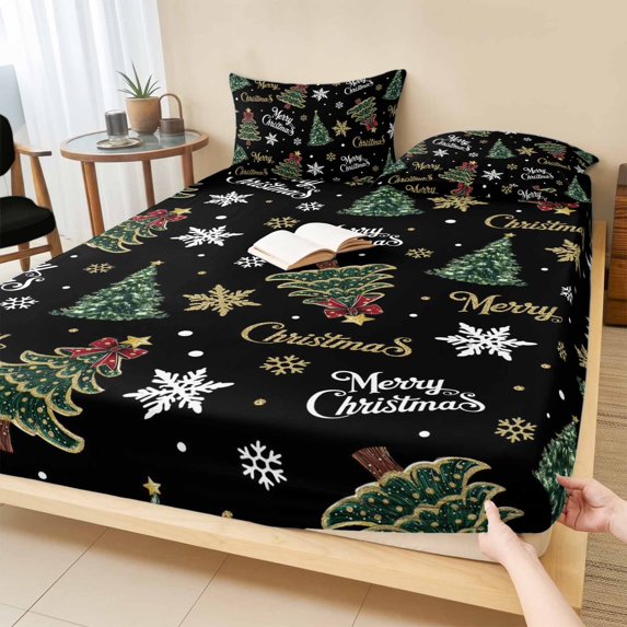 Twin Sze Fitted Sheet Set - Black Christmas 2 Piece Bedding Sets 16" Deep Pocket Fitted Sheet with 1 Pillowcase, Winter Green Pine Tree Gold Snowflake Brushed Microfiber Hotel Luxury Bed Sheets