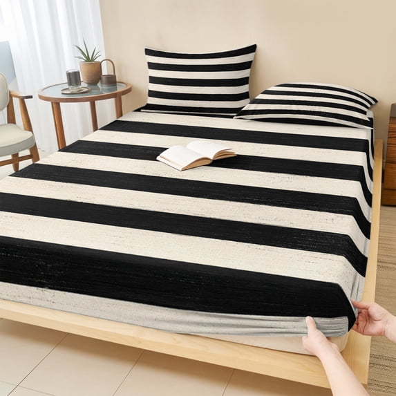 Twin Sze Fitted Sheet Set - Black Striped 2 Piece Bedding Sets 16" Deep Pocket Fitted Sheet with 1 Pillowcase, Farmhouse Country Minimalist Cream Stripes Brushed Microfiber Hotel Luxury Bed Sheets