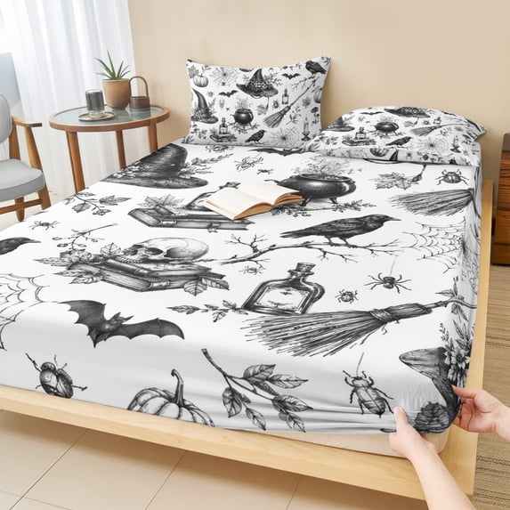 Twin Sze Fitted Sheet Set - Black White Halloween 2 Piece Bedding Sets 16" Deep Pocket Fitted Sheet with 1 Pillowcase, Minimalist Horror Skull Brushed Microfiber Hotel Luxury Bed Sheets