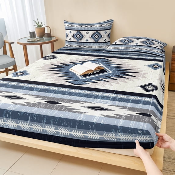 Twin Sze Fitted Sheet Set - Blue Boho 2 Piece Bedding Sets 16" Deep Pocket Fitted Sheet with 1 Pillowcase, Southwestern Ethnic Aztec Retro Geometric Brushed Microfiber Hotel Luxury Bed Sheets