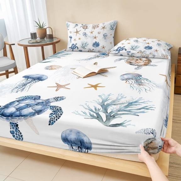 Twin Sze Fitted Sheet Set - Blue Brown Coastal 2 Piece Bedding Sets 16" Deep Pocket Fitted Sheet with 1 Pillowcase, Nautical Summer Beach Sea Turtle Brushed Microfiber Hotel Luxury Bed Sheets