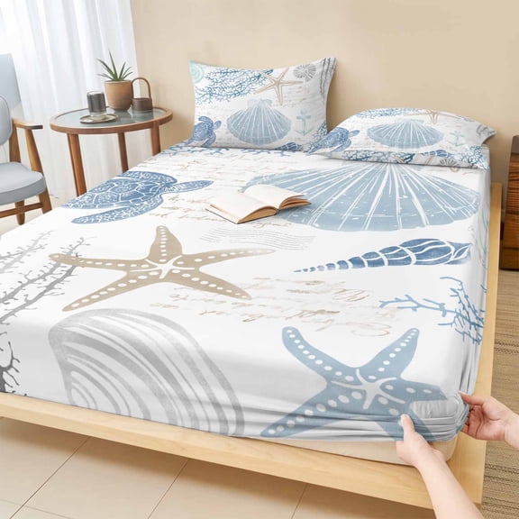 Twin Sze Fitted Sheet Set - Blue Coastal Nautical 2 Piece Bedding Sets 16" Deep Pocket Fitted Sheet with 1 Pillowcase, Beach Sea Turtle Ocean Coral Starfish Brushed Microfiber Hotel Luxury Bed Sheets