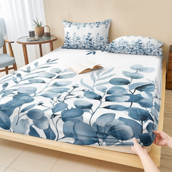 Twin Sze Fitted Sheet Set - Blue Eucalyptus Leaves 2 Piece Bedding Sets 16" Deep Pocket Fitted Sheet with 1 Pillowcase, Watercolor Spring Summer Botanical Brushed Microfiber Hotel Luxury Bed Sheets