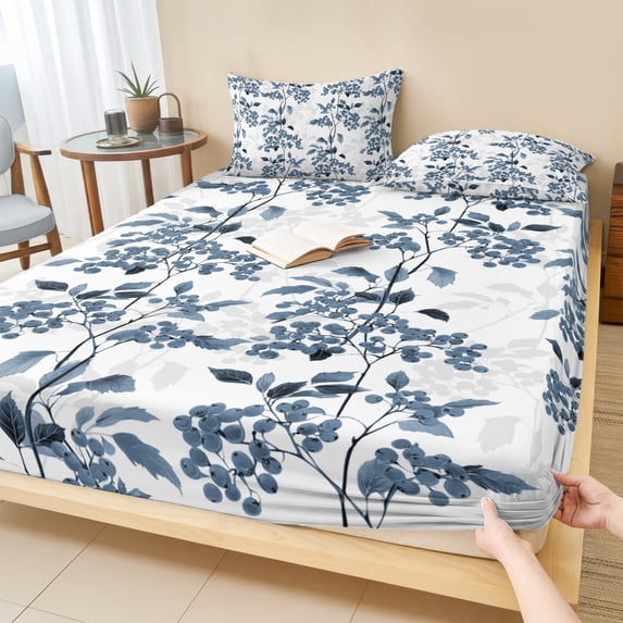 Twin Sze Fitted Sheet Set - Blue Fruit 2 Piece Bedding Sets 16" Deep Pocket Fitted Sheet with 1 Pillowcase, Vintage Plant Nature Botanical Flower Floral Brushed Microfiber Hotel Luxury Bed Sheets