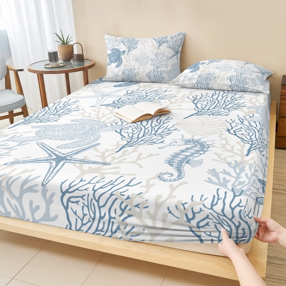Twin Sze Fitted Sheet Set - Blue Grey Coastal 2 Piece Bedding Sets 16" Deep Pocket Fitted Sheet with 1 Pillowcase, Sea Turtle Nautical Coral Summer Beach Brushed Microfiber Hotel Luxury Bed Sheets