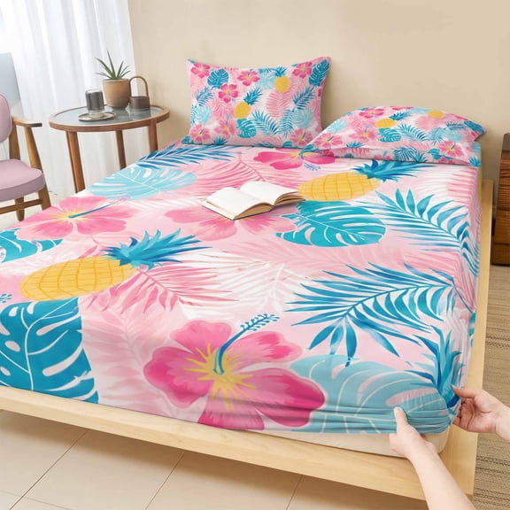 Twin Sze Fitted Sheet Set - Blue Pink Tropical Plants 2 Piece Bedding Sets 16" Deep Pocket Fitted Sheet with 1 Pillowcase, Summer Leaves Boho Floral Pineapple Brushed Microfiber Hotel Bed Sheets