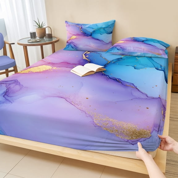 Twin Sze Fitted Sheet Set - Blue Purple Ombre 2 Piece Bedding Sets 16" Deep Pocket Fitted Sheet with 1 Pillowcase, Marble Ink Painted Abstract Modern Brushed Microfiber Hotel Luxury Bed Sheets