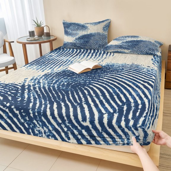 Twin Sze Fitted Sheet Set - Blue Striped 2 Piece Bedding Sets 16" Deep Pocket Fitted Sheet with 1 Pillowcase, Modern Minimalist Abstract Art Vintage Brushed Microfiber Hotel Luxury Bed Sheets