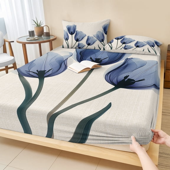 Twin Sze Fitted Sheet Set - Blue Tulip 2 Piece Bedding Sets 16" Deep Pocket Fitted Sheet with 1 Pillowcase, Rustic Spring Floral Summer Botanical Brushed Microfiber Hotel Luxury Bed Sheets