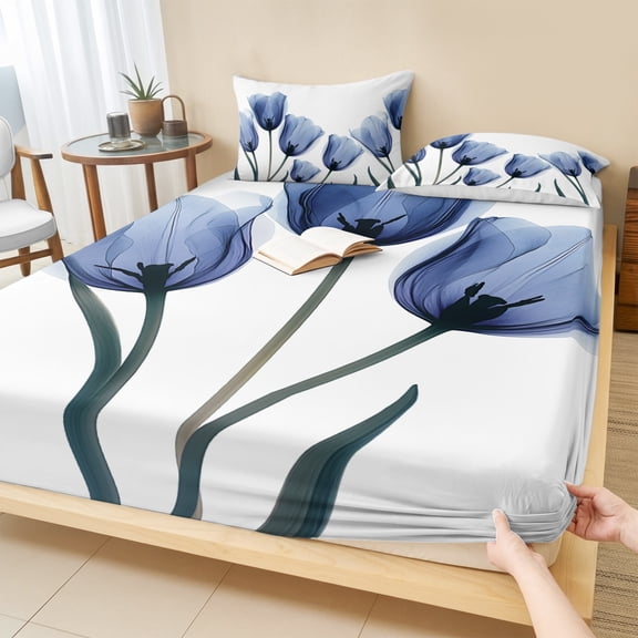 Twin Sze Fitted Sheet Set - Blue Tulip Flower 2 Piece Bedding Sets 16" Deep Pocket Fitted Sheet with 1 Pillowcase, Vintage Spring Plant Floral Botanical Brushed Microfiber Hotel Luxury Bed Sheets