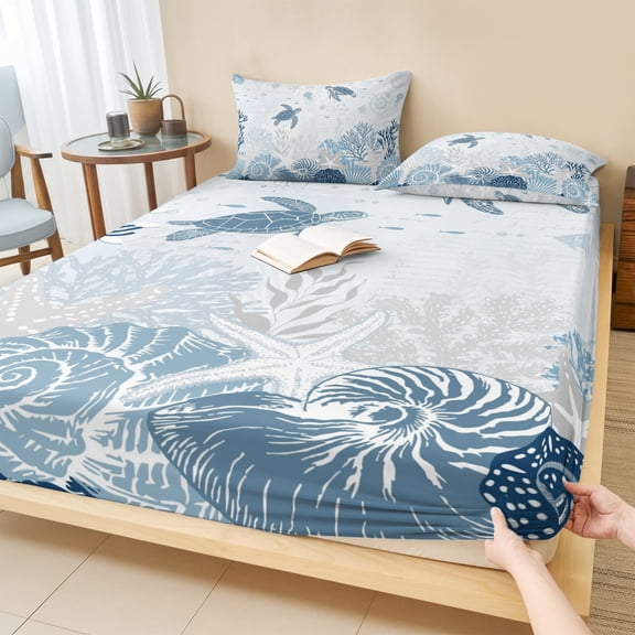 Twin Sze Fitted Sheet Set - Blue Turtle Coastal 2 Piece Bedding Sets 16" Deep Pocket Fitted Sheet with 1 Pillowcase, Nautical Summer Beach Coral Shell Starfish Brushed Microfiber Hotel Bed Sheets