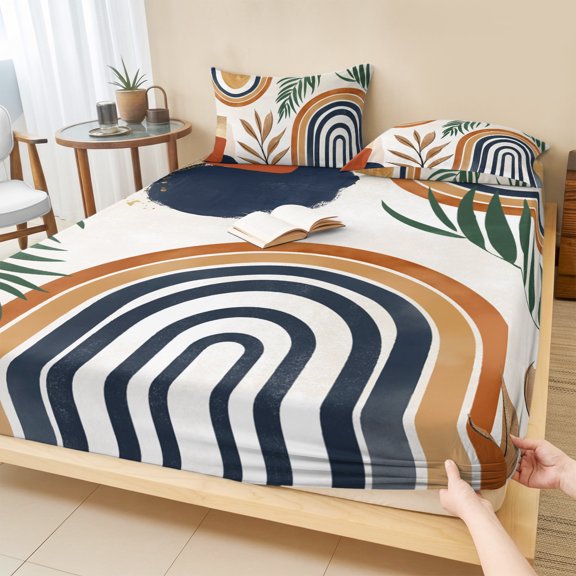 Twin Sze Fitted Sheet Set - Bohemian Nordic 2 Piece Bedding Sets 16" Deep Pocket Fitted Sheet with 1 Pillowcase, Abstract Art Coconut Palm Leaves Brushed Microfiber Hotel Luxury Bed Sheets
