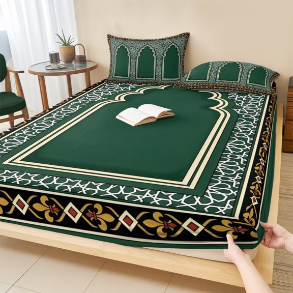 Twin Sze Fitted Sheet Set - Boho Archway 2 Piece Bedding Sets 16" Deep Pocket Fitted Sheet with 1 Pillowcase, Ethnic Green Geometric Classic Architectural Brushed Microfiber Hotel Luxury Bed Sheets