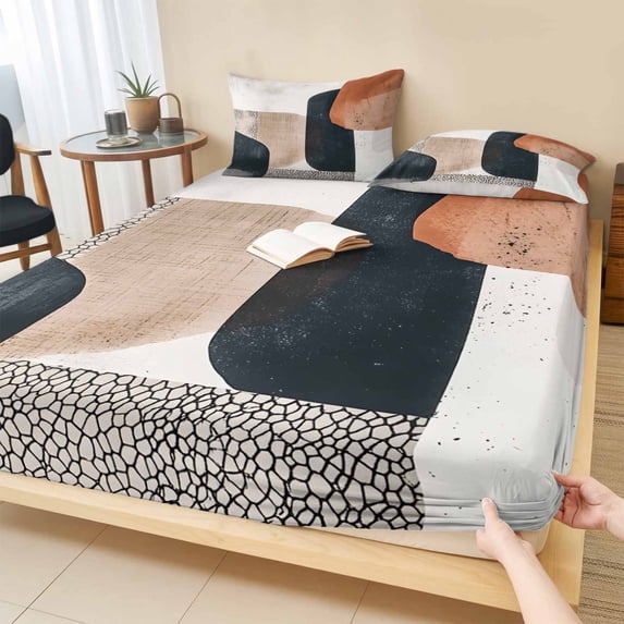 Twin Sze Fitted Sheet Set - Boho Middle Century 2 Piece Bedding Sets 16" Deep Pocket Fitted Sheet with 1 Pillowcase, Abstract Modern Color Block Geometric Brushed Microfiber Hotel Luxury Bed Sheets