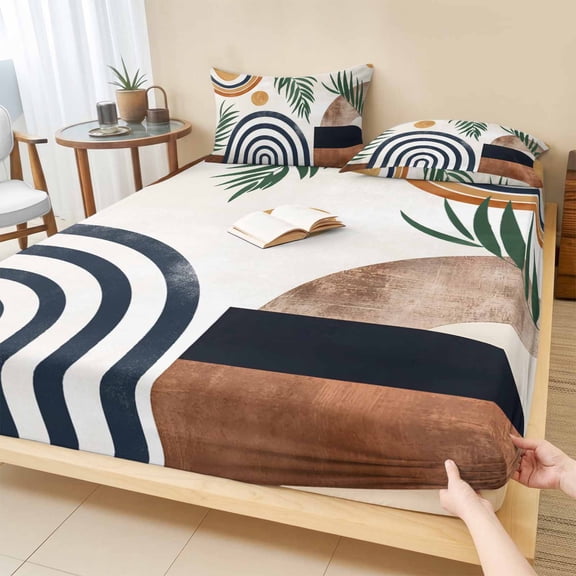 Twin Sze Fitted Sheet Set - Boho Middle Century 2 Piece Bedding Sets 16" Deep Pocket Fitted Sheet with 1 Pillowcase, Modern Abstract Botanical Geometric Brushed Microfiber Hotel Luxury Bed Sheets