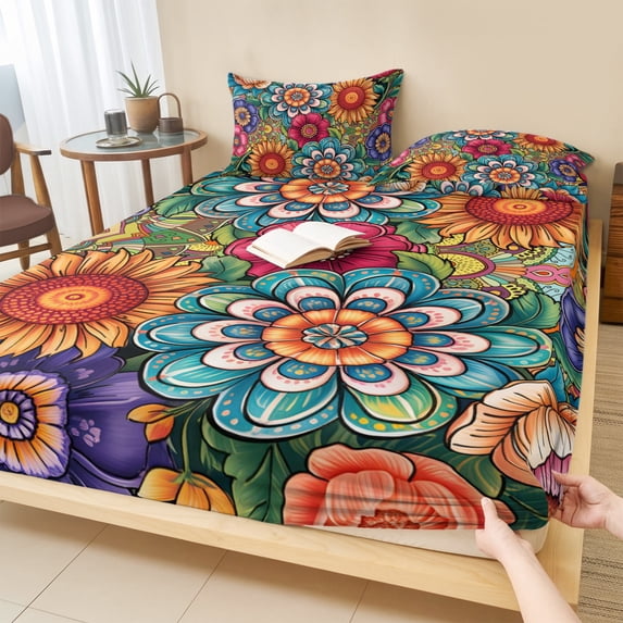 Twin Sze Fitted Sheet Set - Boho Teal Flower 2 Piece Bedding Sets 16" Deep Pocket Fitted Sheet with 1 Pillowcase, Spring Bohemia Chic Red Yellow Floral Brushed Microfiber Hotel Luxury Bed Sheets