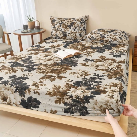 Twin Sze Fitted Sheet Set - Botanical Flowers 2 Piece Bedding Sets 16" Deep Pocket Fitted Sheet with 1 Pillowcase, Vintage Country Blossoms Floral Branches Brushed Microfiber Hotel Luxury Bed Sheets