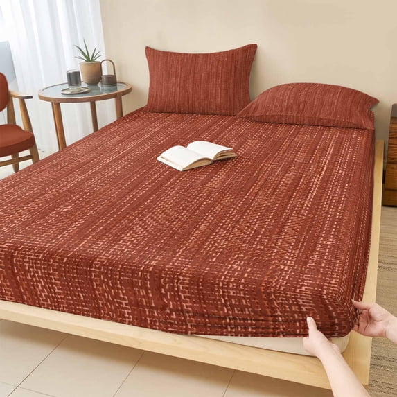 Twin Sze Fitted Sheet Set - Brick Red 2 Piece Bedding Sets 16" Deep Pocket Fitted Sheet with 1 Pillowcase, Pure Color Stripes Linen Texture Modern Simple Brushed Microfiber Hotel Luxury Bed Sheets