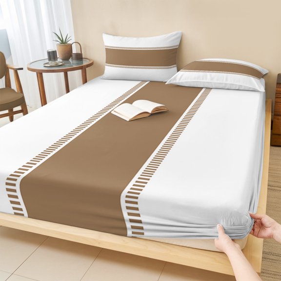 Twin Sze Fitted Sheet Set - Brown Solid Color Texture 2 Piece Bedding Sets 16" Deep Pocket Fitted Sheet with 1 Pillowcase, Simple Brown Stripes Brushed Microfiber Hotel Luxury Bed Sheets