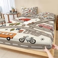 thumbnail image 1 of Twin Sze Fitted Sheet Set - Cars Buses 2 Piece Bedding Sets 16" Deep Pocket Fitted Sheet with 1 Pillowcase, Cartoon Grey City Street Map Traffic Educational Brushed Microfiber Hotel Luxury Bed Sheets, 1 of 9