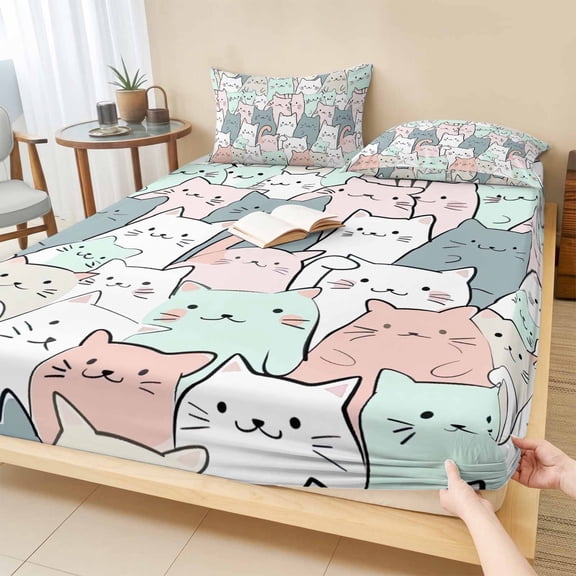 Twin Sze Fitted Sheet Set - Cartoon Cat 2 Piece Bedding Sets 16" Deep Pocket Fitted Sheet with 1 Pillowcase, Funny Cute Colorful Animal Pet Brushed Microfiber Hotel Luxury Bed Sheets