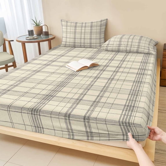 Twin Sze Fitted Sheet Set - Check Plaid 2 Piece Bedding Sets 16" Deep Pocket Fitted Sheet with 1 Pillowcase, Light Brown Grids Stripes Modern Minimalist Brushed Microfiber Hotel Luxury Bed Sheets