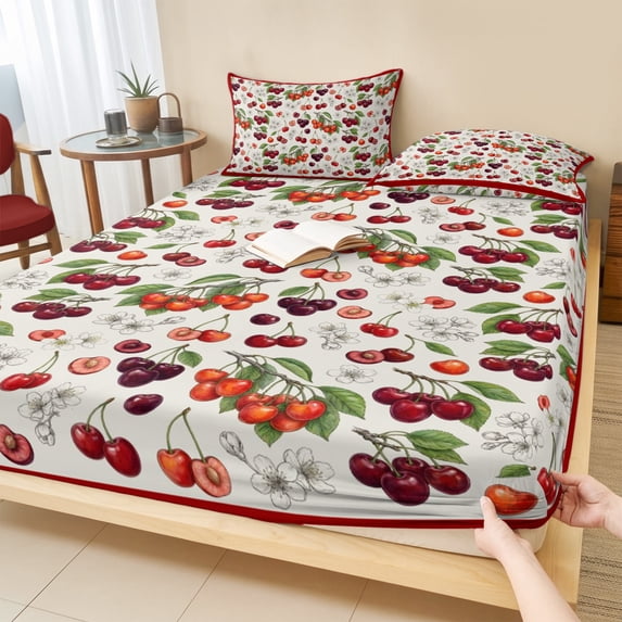 Twin Sze Fitted Sheet Set - Cherry 2 Piece Bedding Sets 16" Deep Pocket Fitted Sheet with 1 Pillowcase, Vintage Watercolor Purple Red Fruits on Linen Brushed Microfiber Hotel Luxury Bed Sheets