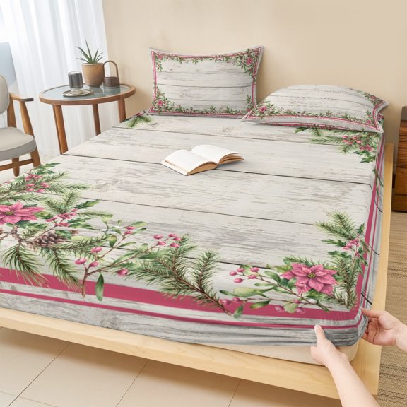 Twin Sze Fitted Sheet Set - Christmas 2 Piece Bedding Sets 16" Deep Pocket Fitted Sheet with 1 Pillowcase, Farmhouse Pine Cone Poinsettia Wood Grain Brushed Microfiber Hotel Luxury Bed Sheets
