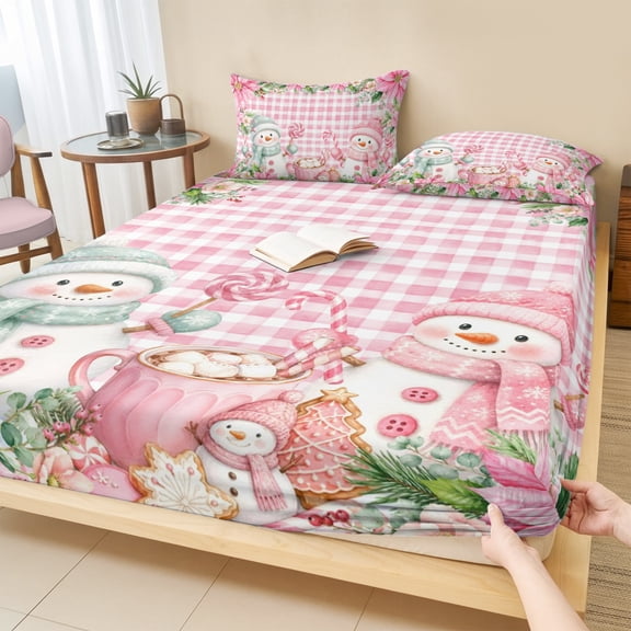 Twin Sze Fitted Sheet Set - Christmas 2 Piece Bedding Sets 16" Deep Pocket Fitted Sheet with 1 Pillowcase, Xmas Poinsettia Botanical Snowman Pink Plaid Brushed Microfiber Hotel Luxury Bed Sheets