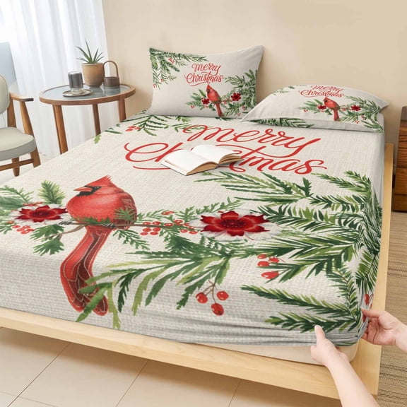 Twin Sze Fitted Sheet Set - Christmas Cardinal 2 Piece Bedding Sets 16" Deep Pocket Fitted Sheet with 1 Pillowcase, Xmas Winter Pine Flower Berry on Linen Brushed Microfiber Hotel Luxury Bed Sheets