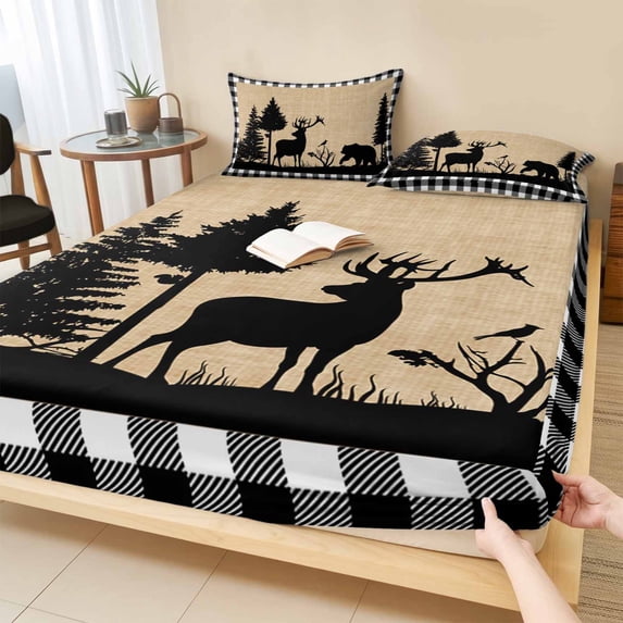 Twin Sze Fitted Sheet Set - Christmas Elk 2 Piece Bedding Sets 16" Deep Pocket Fitted Sheet with 1 Pillowcase, Xmas Tree White Black Buffalo Plaid Brushed Microfiber Hotel Luxury Bed Sheets
