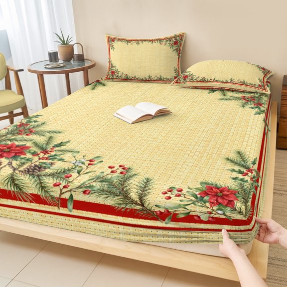 Twin Sze Fitted Sheet Set - Christmas Poinsettia 2 Piece Bedding Sets 16" Deep Pocket Fitted Sheet with 1 Pillowcase, Xmas Red Border Pine Cone Yellow Brushed Microfiber Hotel Luxury Bed Sheets